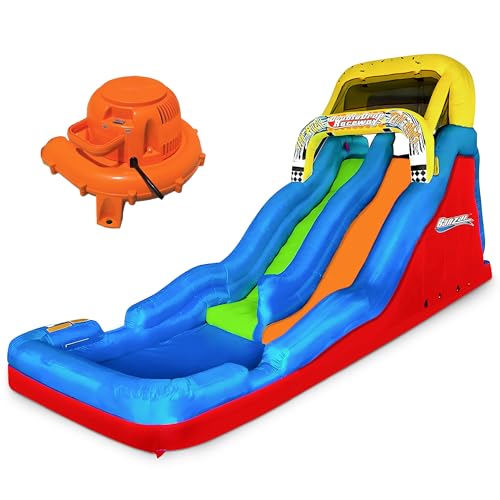 Banzai Double Drop Raceway 120 Inch High 2 Lane Inflatable Outdoor Backyard Water Slide Splash Pool with Climbing Wall for Kids Ages 5 to 12